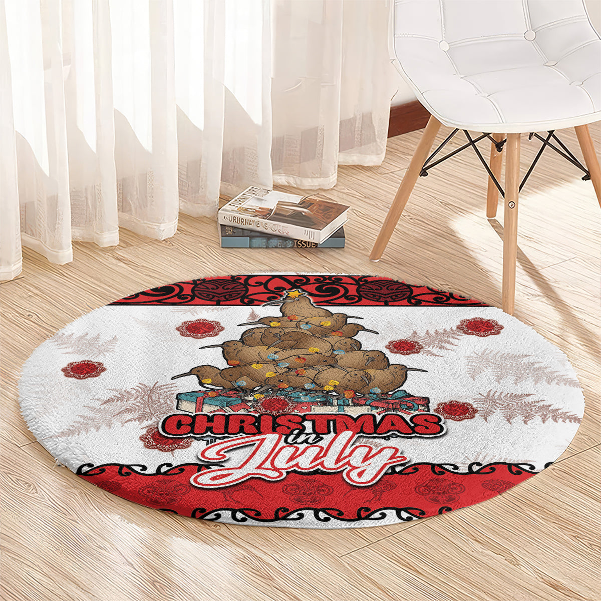 New Zealand July Christmas Round Carpet Maori Kiwi Xmas Tree - White