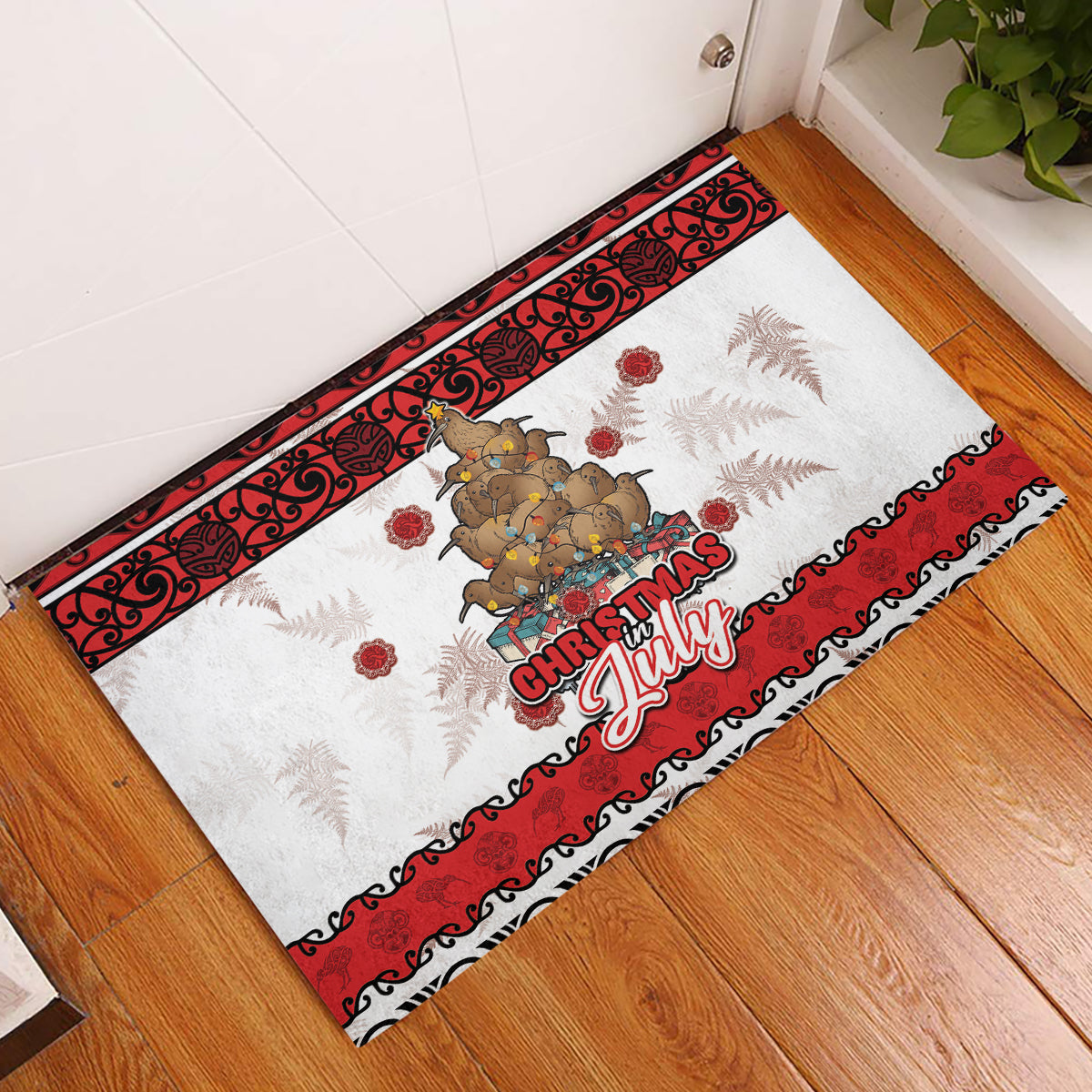 New Zealand July Christmas Rubber Doormat Maori Kiwi Xmas Tree - White LT05 White - Polynesian Pride