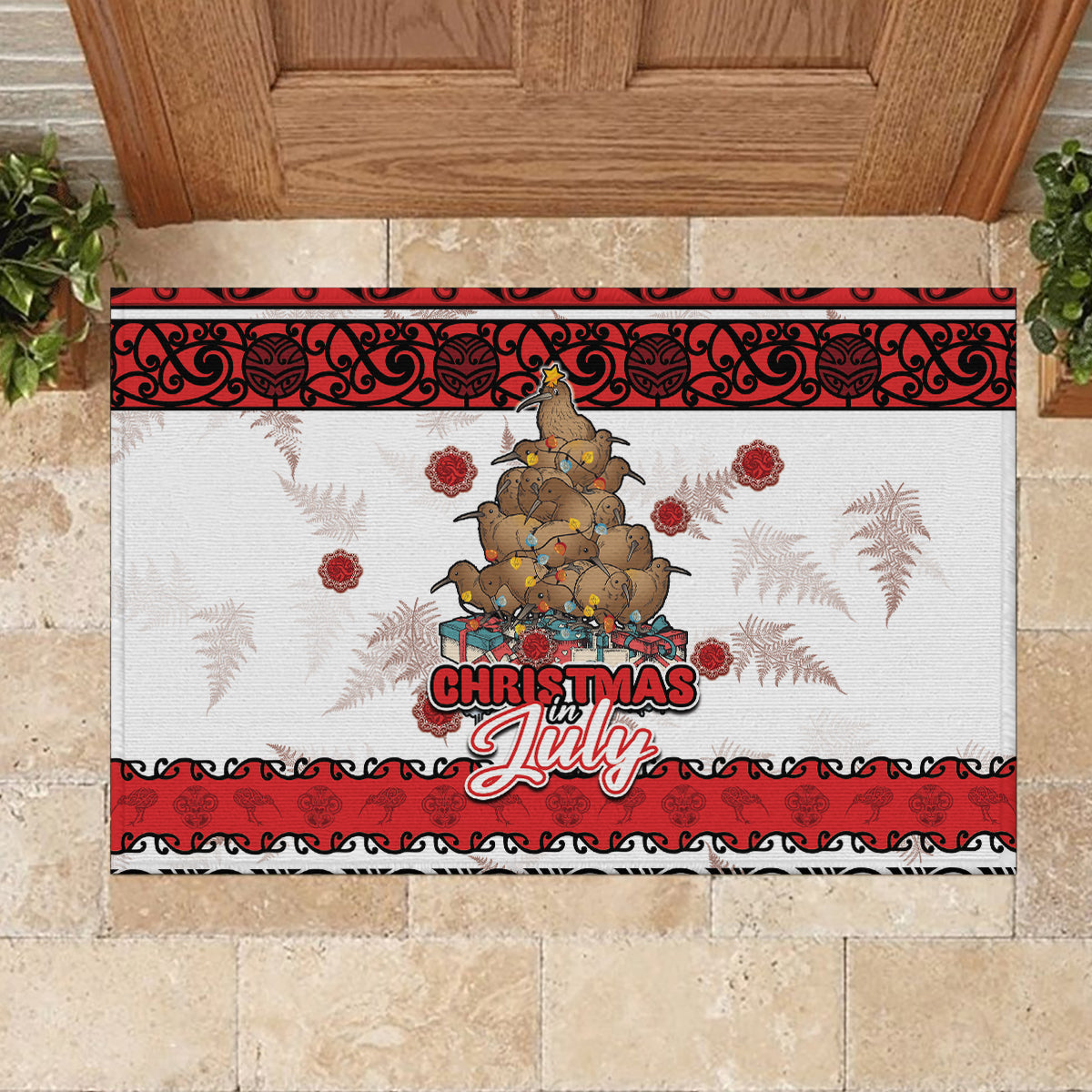 New Zealand July Christmas Rubber Doormat Maori Kiwi Xmas Tree - White LT05 - Polynesian Pride