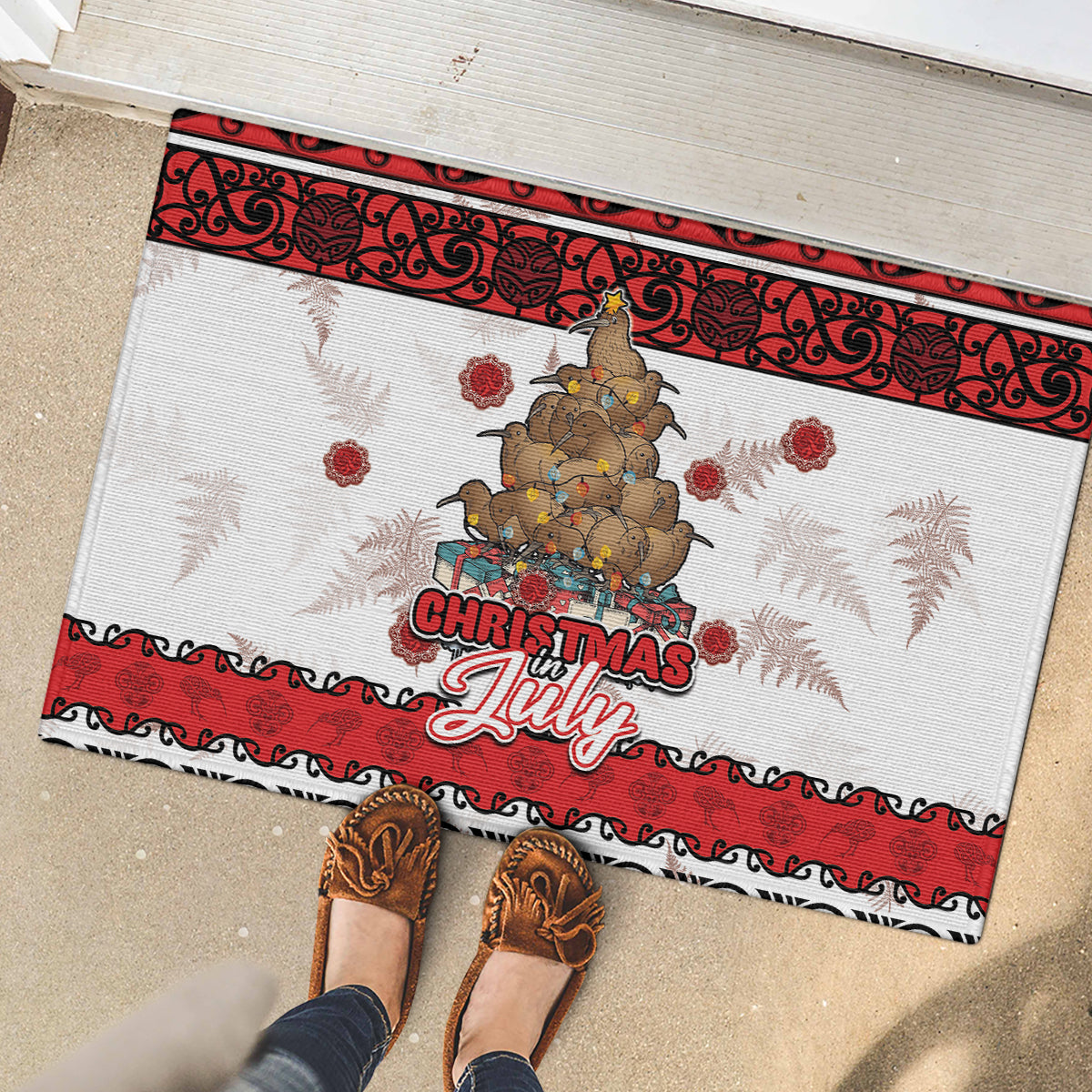 New Zealand July Christmas Rubber Doormat Maori Kiwi Xmas Tree - White LT05 - Polynesian Pride