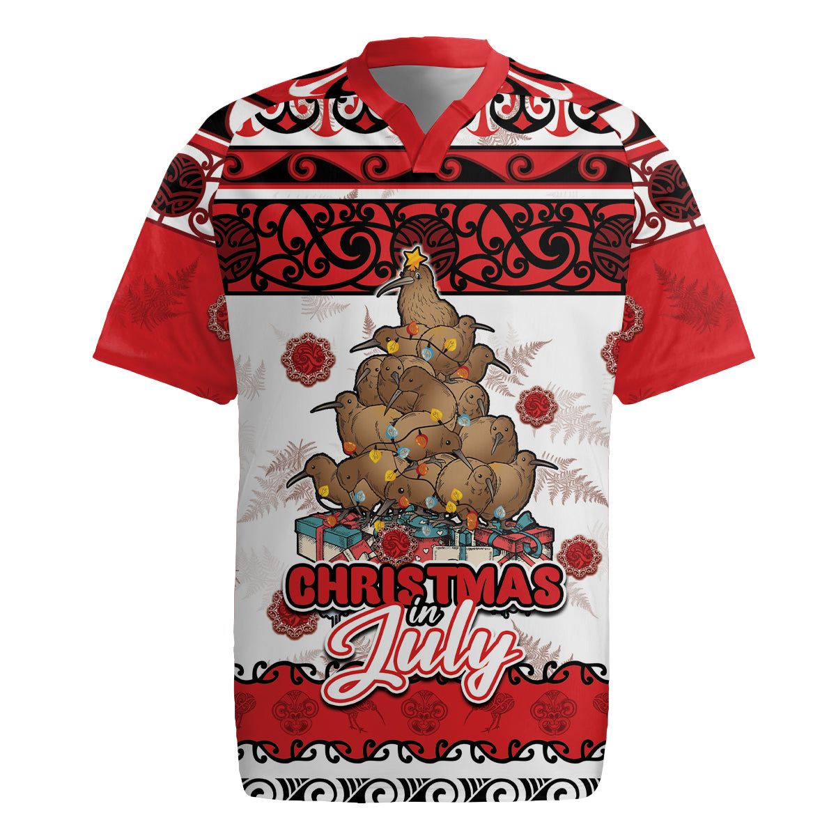 Personalised New Zealand July Christmas Rugby Jersey Maori Kiwi Xmas Tree - White