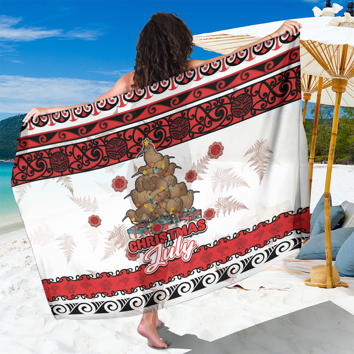 New Zealand July Christmas Sarong Maori Kiwi Xmas Tree - White