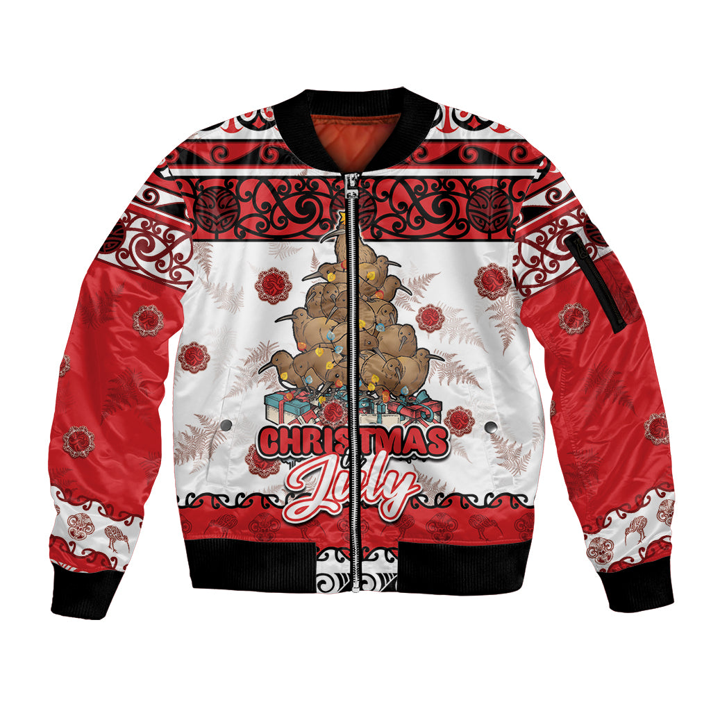 Personalised New Zealand July Christmas Sleeve Zip Bomber Jacket Maori Kiwi Xmas Tree - White LT05 Unisex White - Polynesian Pride