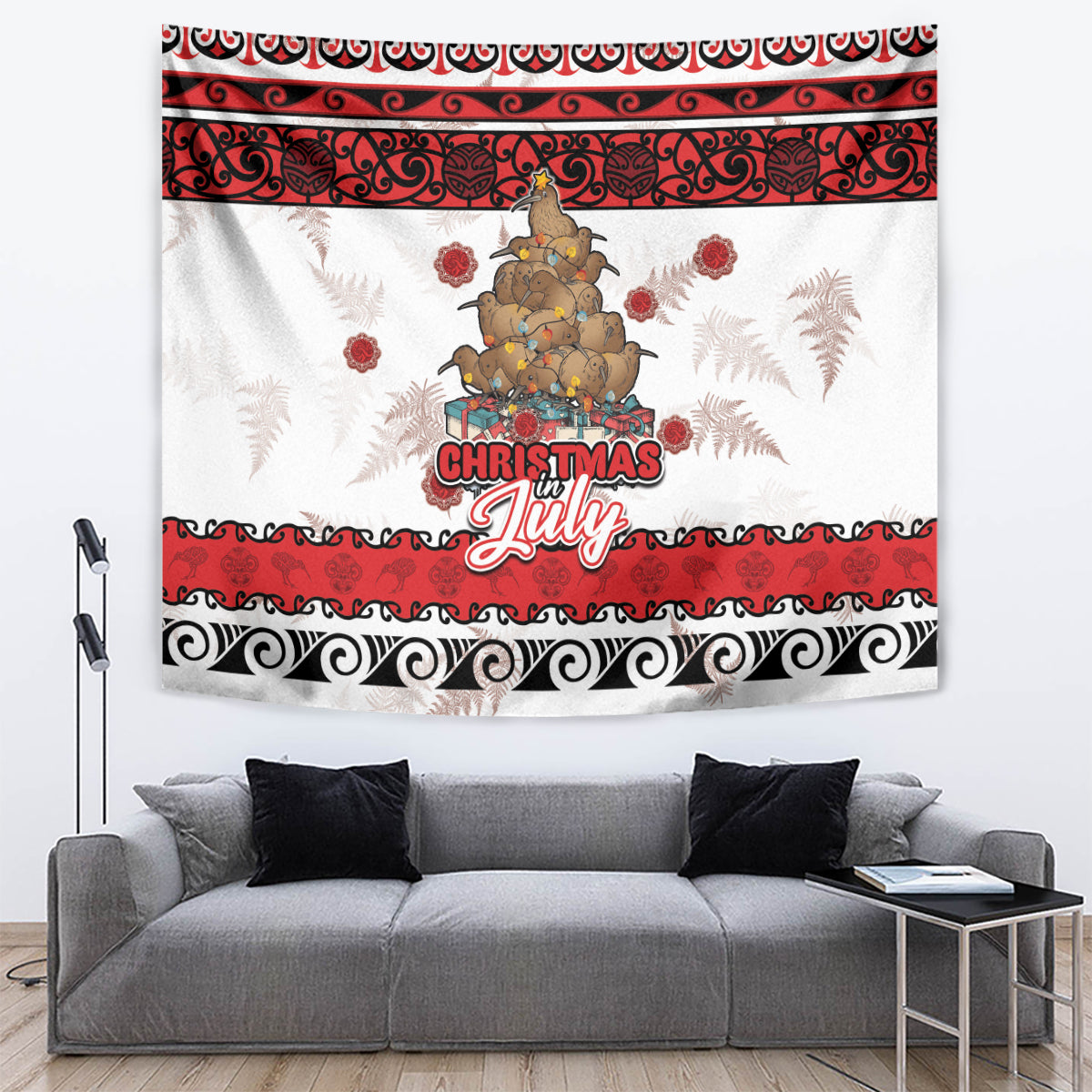 New Zealand July Christmas Tapestry Maori Kiwi Xmas Tree - White