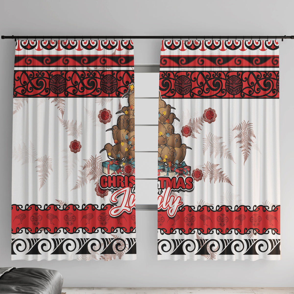 New Zealand July Christmas Window Curtain Maori Kiwi Xmas Tree - White LT05 With Hooks White - Polynesian Pride