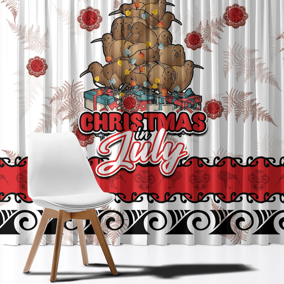New Zealand July Christmas Window Curtain Maori Kiwi Xmas Tree - White LT05 - Polynesian Pride