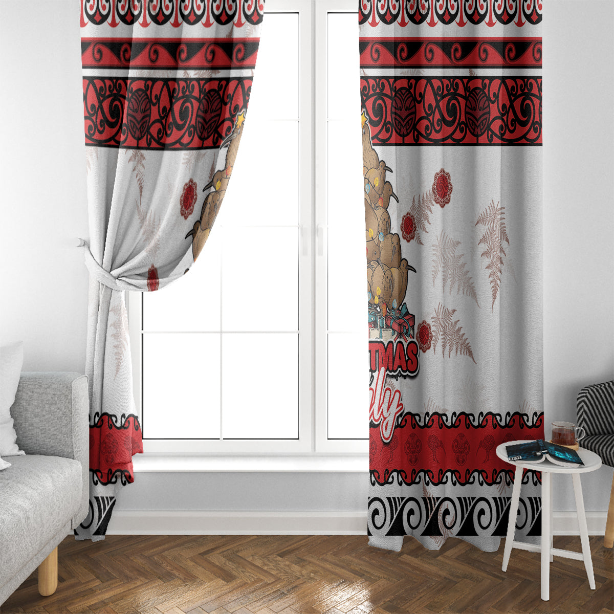 New Zealand July Christmas Window Curtain Maori Kiwi Xmas Tree - White LT05 - Polynesian Pride