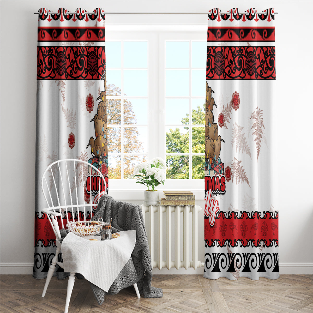 New Zealand July Christmas Window Curtain Maori Kiwi Xmas Tree - White LT05 - Polynesian Pride
