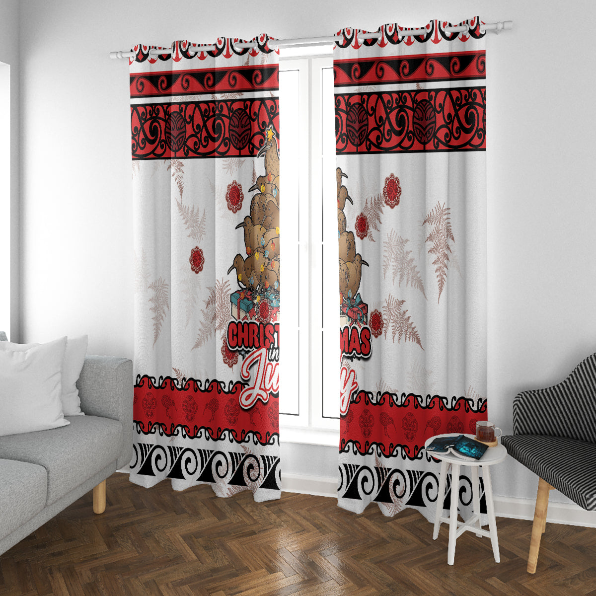New Zealand July Christmas Window Curtain Maori Kiwi Xmas Tree - White LT05 With Grommets White - Polynesian Pride