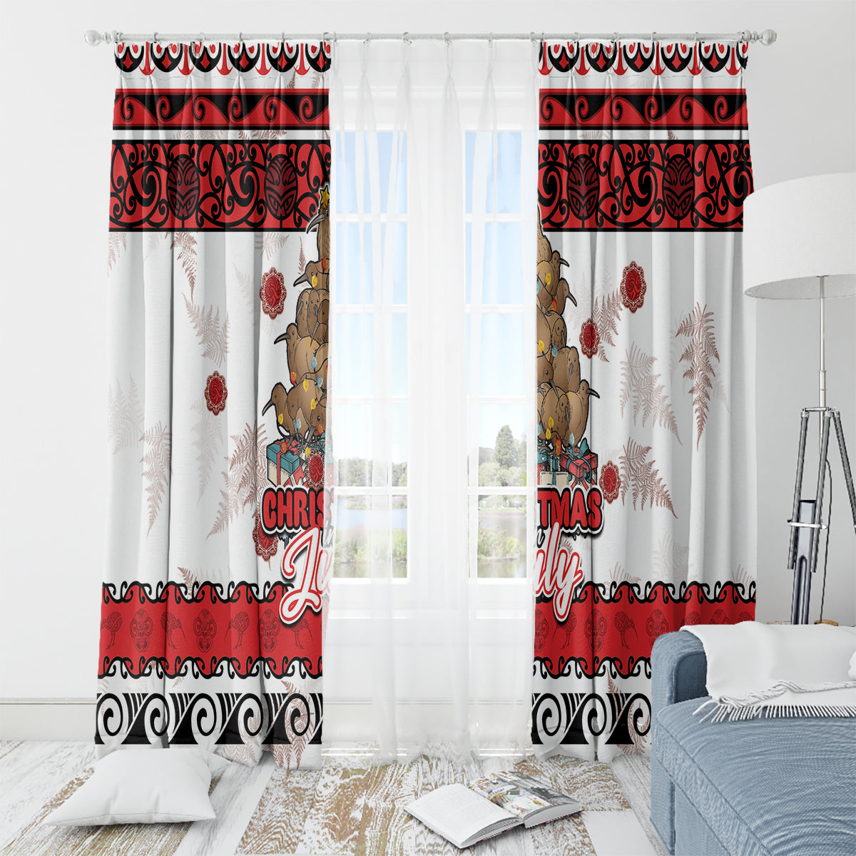 New Zealand July Christmas Window Curtain Maori Kiwi Xmas Tree - White LT05 - Polynesian Pride