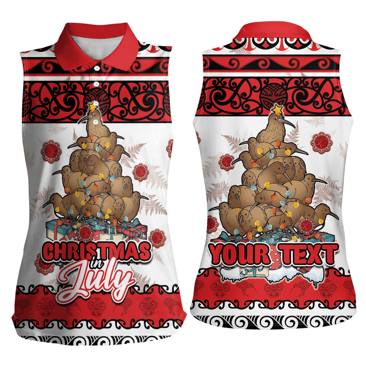 Personalised New Zealand July Christmas Women Sleeveless Polo Shirt Maori Kiwi Xmas Tree - White