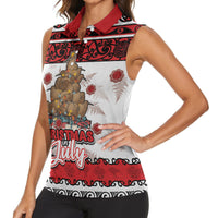 Personalised New Zealand July Christmas Women Sleeveless Polo Shirt Maori Kiwi Xmas Tree - White