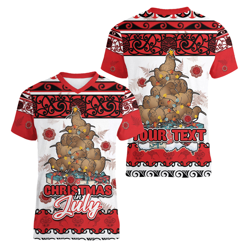 Personalised New Zealand July Christmas Women V-Neck T-Shirt Maori Kiwi Xmas Tree - White