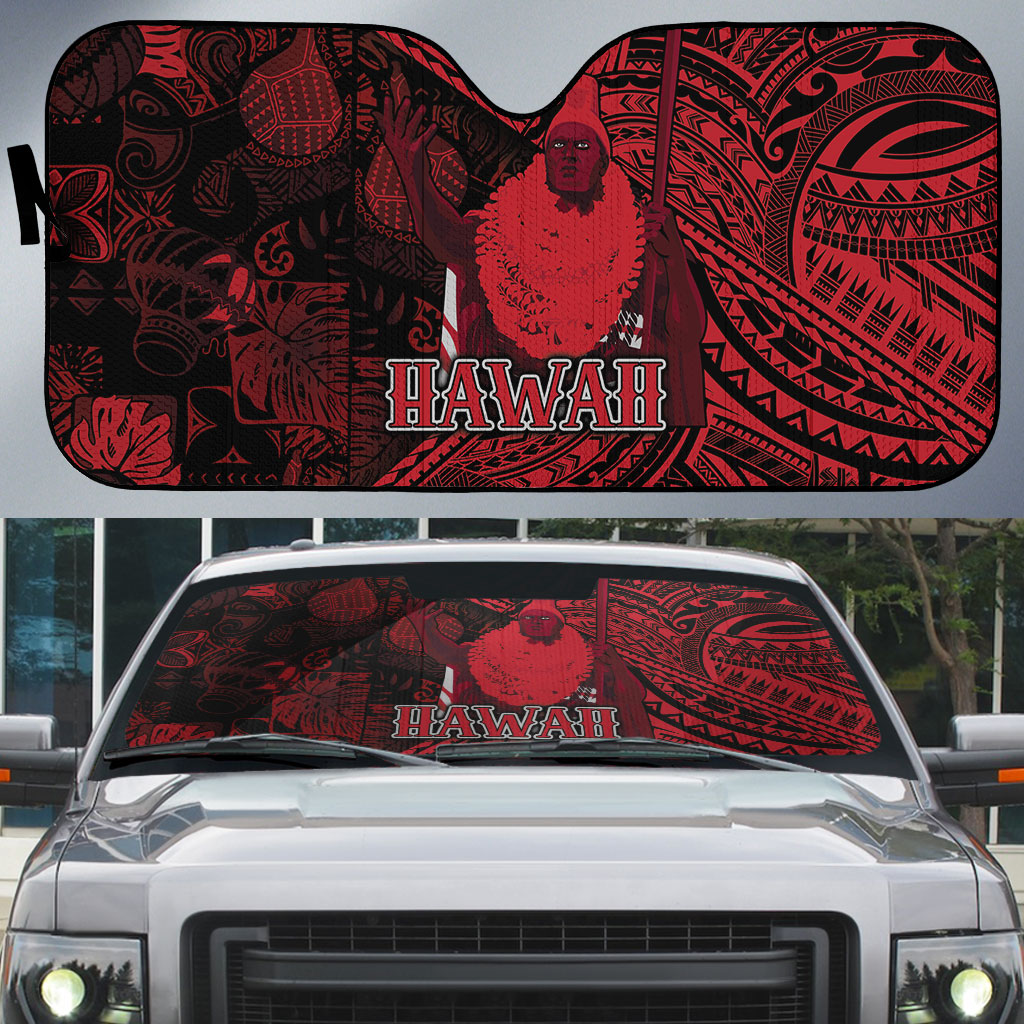 Hawaii King Kamehameha Auto Sun Shade With Hawaiian Ipu Motifs Red Version LT05 Red - Polynesian Pride