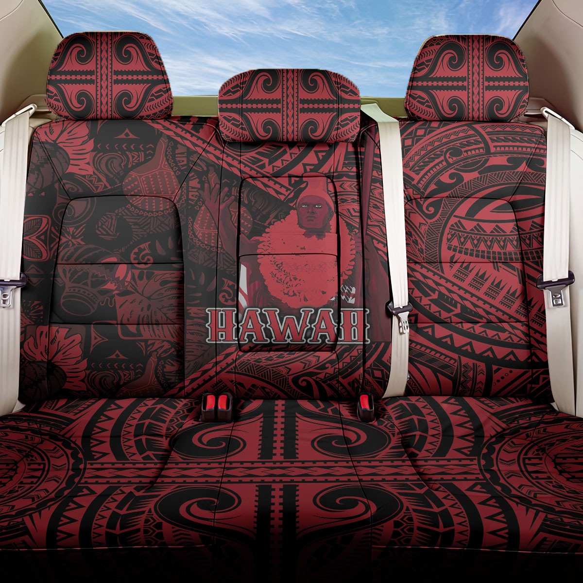 Hawaii King Kamehameha Back Car Seat Cover With Hawaiian Ipu Motifs Red Version LT05 One Size Red - Polynesian Pride