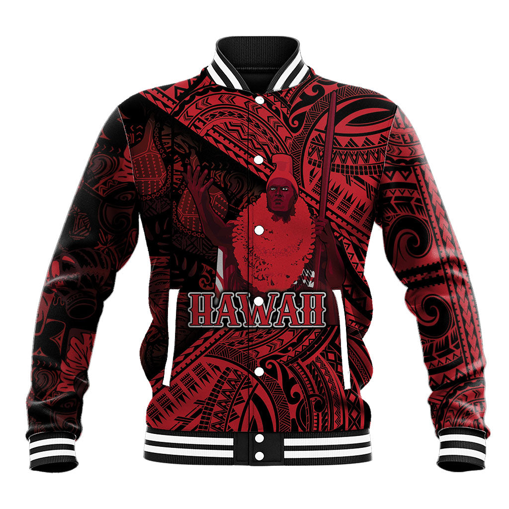 Hawaii King Kamehameha Baseball Jacket With Hawaiian Ipu Motifs Red Version LT05 Unisex Red - Polynesian Pride