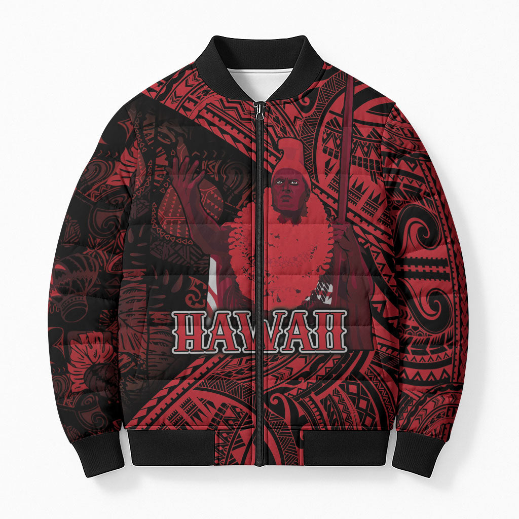Hawaii King Kamehameha Bomber Puffer Jacket With Hawaiian Ipu Motifs Red Version LT05 Unisex Red - Polynesian Pride