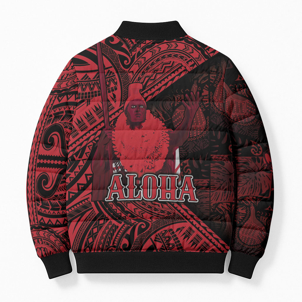 Hawaii King Kamehameha Bomber Puffer Jacket With Hawaiian Ipu Motifs Red Version LT05 - Polynesian Pride