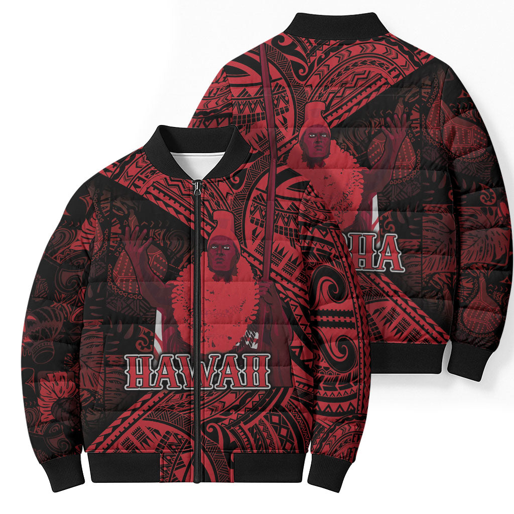 Hawaii King Kamehameha Bomber Puffer Jacket With Hawaiian Ipu Motifs Red Version LT05 - Polynesian Pride