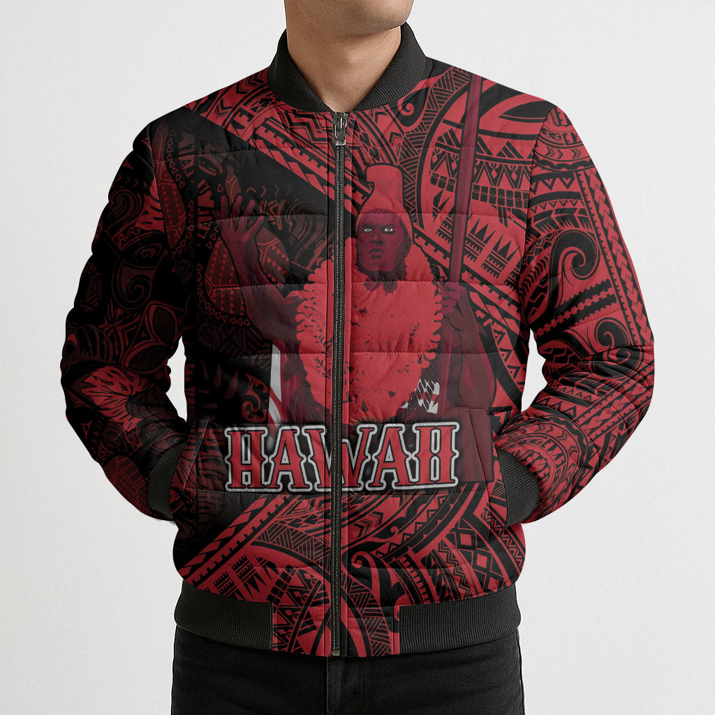 Hawaii King Kamehameha Bomber Puffer Jacket With Hawaiian Ipu Motifs Red Version LT05 - Polynesian Pride