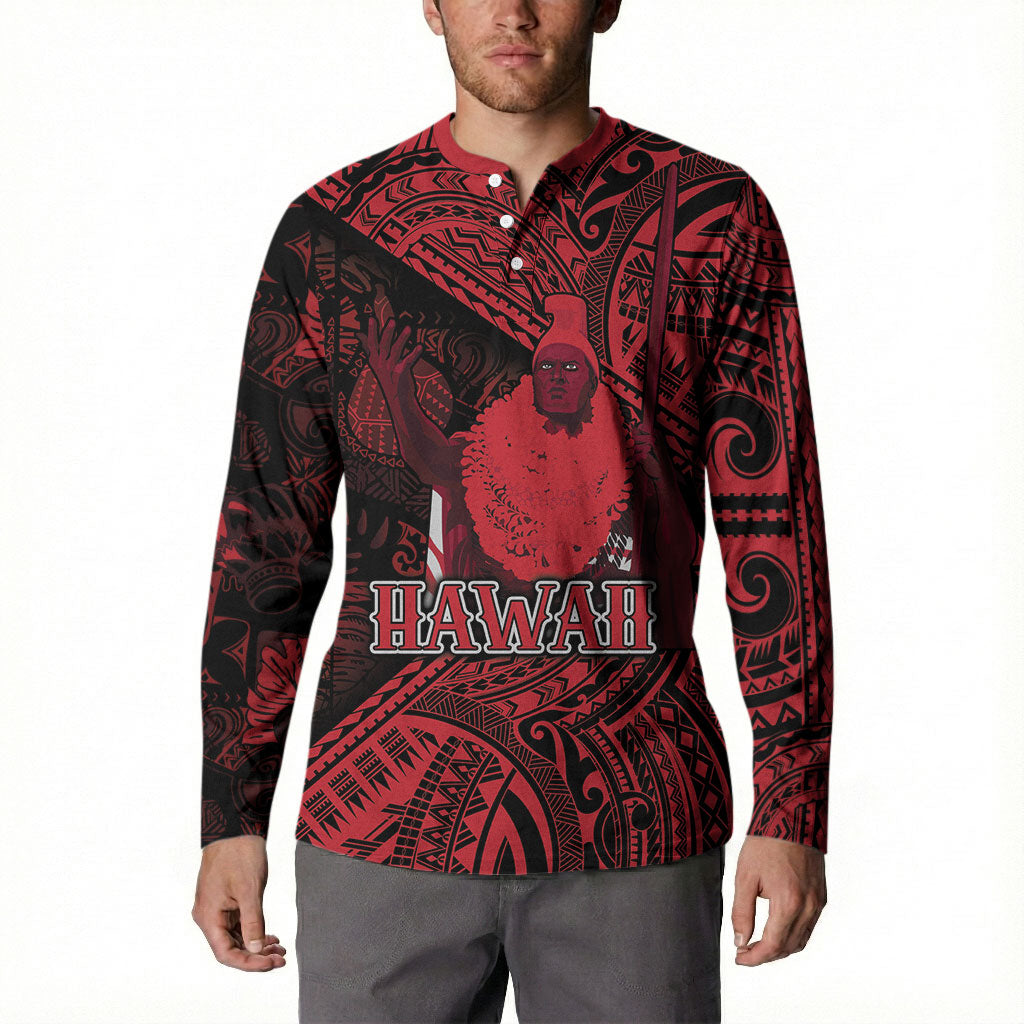 Hawaii King Kamehameha Button Sweatshirt With Hawaiian Ipu Motifs Red Version LT05 - Polynesian Pride