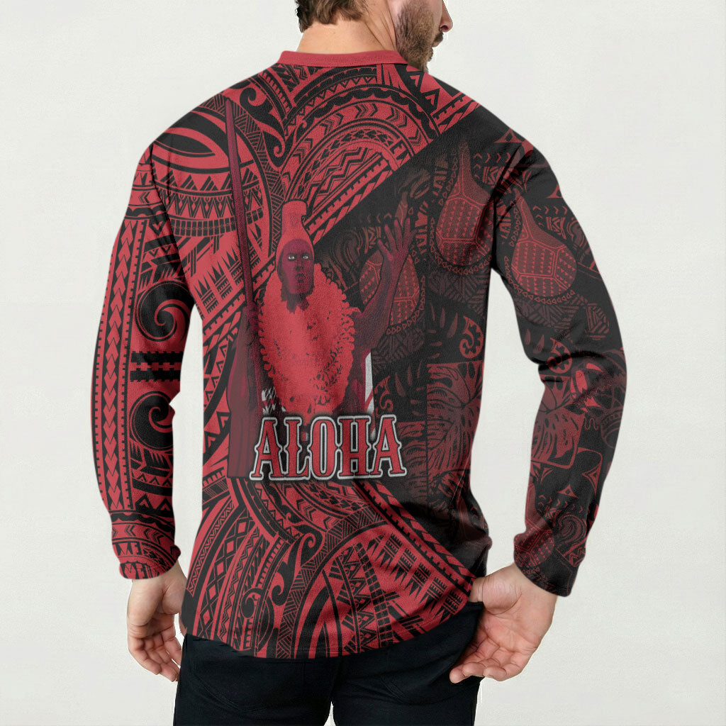 Hawaii King Kamehameha Button Sweatshirt With Hawaiian Ipu Motifs Red Version LT05 - Polynesian Pride