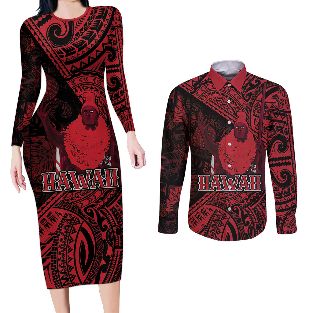 Hawaii King Kamehameha Couples Matching Long Sleeve Bodycon Dress and Long Sleeve Button Shirt With Hawaiian Ipu Motifs Red Version LT05 Red - Polynesian Pride