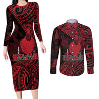 Hawaii King Kamehameha Couples Matching Long Sleeve Bodycon Dress and Long Sleeve Button Shirt With Hawaiian Ipu Motifs Red Version
