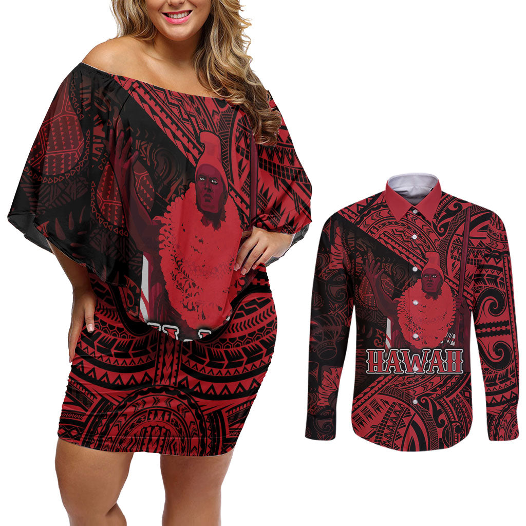 Hawaii King Kamehameha Couples Matching Off Shoulder Short Dress and Long Sleeve Button Shirt With Hawaiian Ipu Motifs Red Version LT05 Red - Polynesian Pride