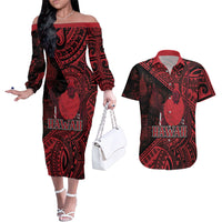 Hawaii King Kamehameha Couples Matching Off The Shoulder Long Sleeve Dress and Hawaiian Shirt With Hawaiian Ipu Motifs Red Version