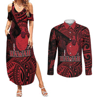 Hawaii King Kamehameha Couples Matching Summer Maxi Dress and Long Sleeve Button Shirt With Hawaiian Ipu Motifs Red Version