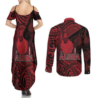 Hawaii King Kamehameha Couples Matching Summer Maxi Dress and Long Sleeve Button Shirt With Hawaiian Ipu Motifs Red Version