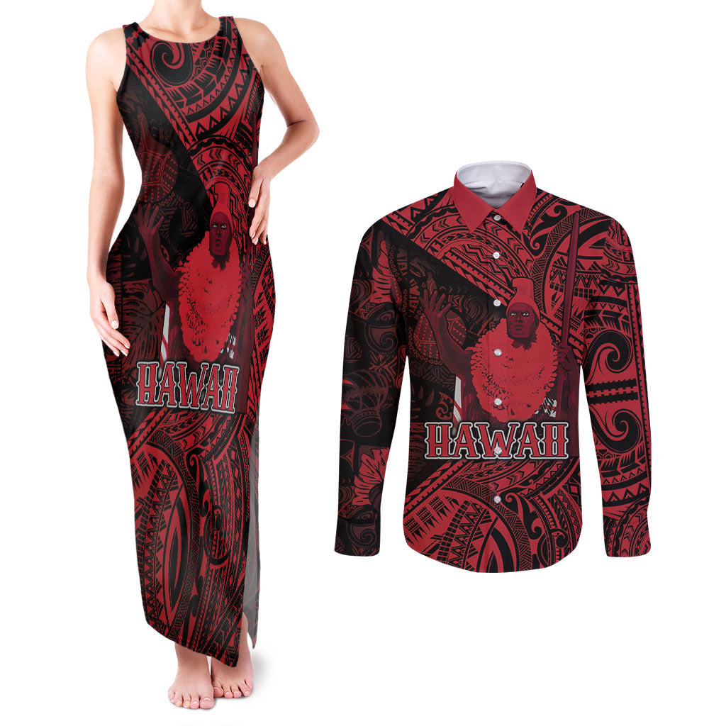 Hawaii King Kamehameha Couples Matching Tank Maxi Dress and Long Sleeve Button Shirt With Hawaiian Ipu Motifs Red Version LT05 Red - Polynesian Pride