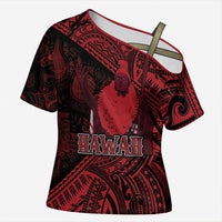 Hawaii King Kamehameha Cross Shoulder Shirt With Hawaiian Ipu Motifs Red Version LT05 Female Red - Polynesian Pride