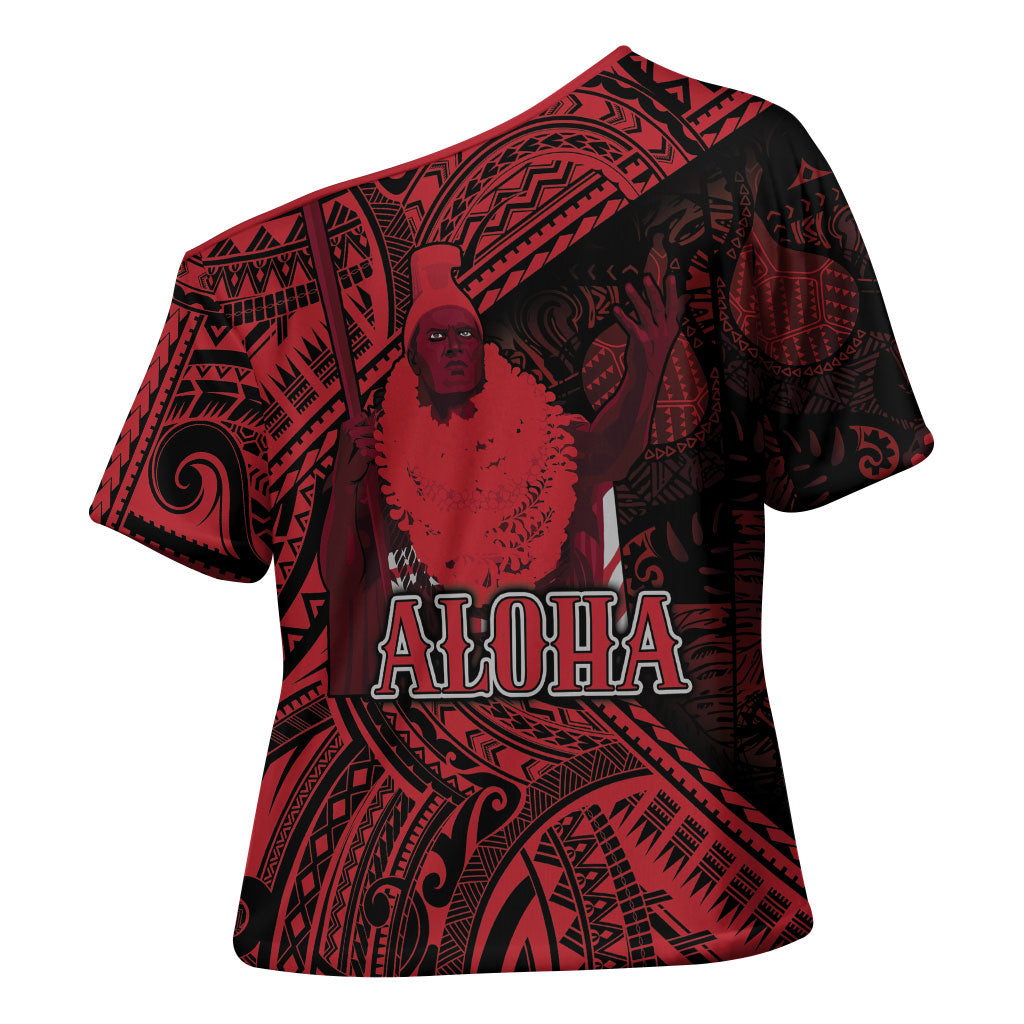 Hawaii King Kamehameha Cross Shoulder Shirt With Hawaiian Ipu Motifs Red Version LT05 - Polynesian Pride