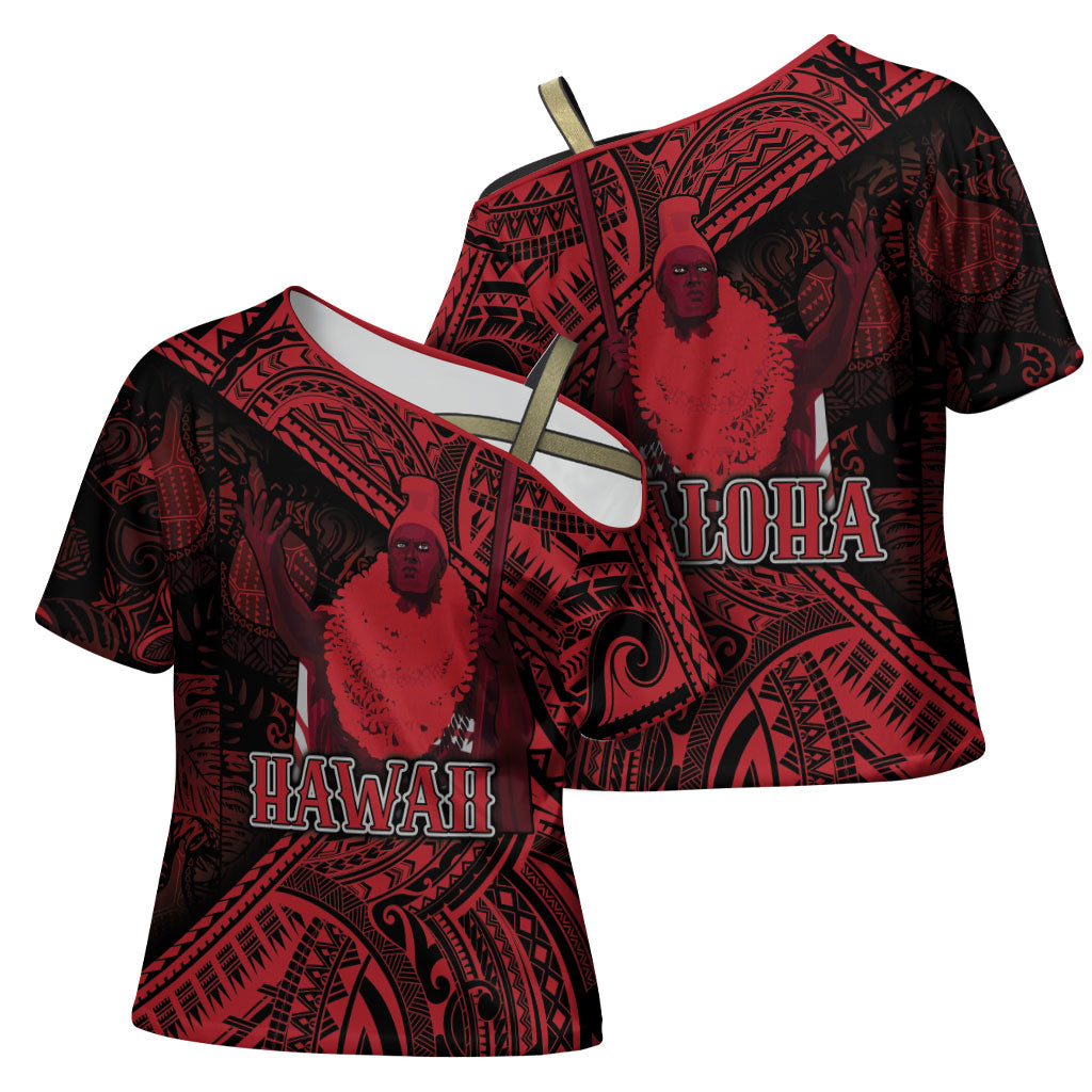 Hawaii King Kamehameha Cross Shoulder Shirt With Hawaiian Ipu Motifs Red Version LT05 - Polynesian Pride