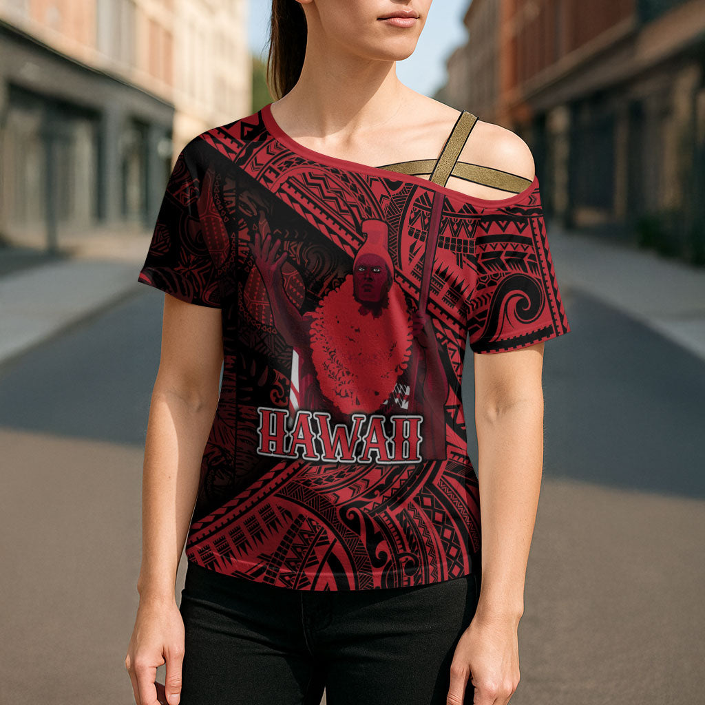 Hawaii King Kamehameha Cross Shoulder Shirt With Hawaiian Ipu Motifs Red Version LT05 - Polynesian Pride