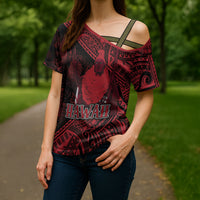 Hawaii King Kamehameha Cross Shoulder Shirt With Hawaiian Ipu Motifs Red Version LT05 - Polynesian Pride