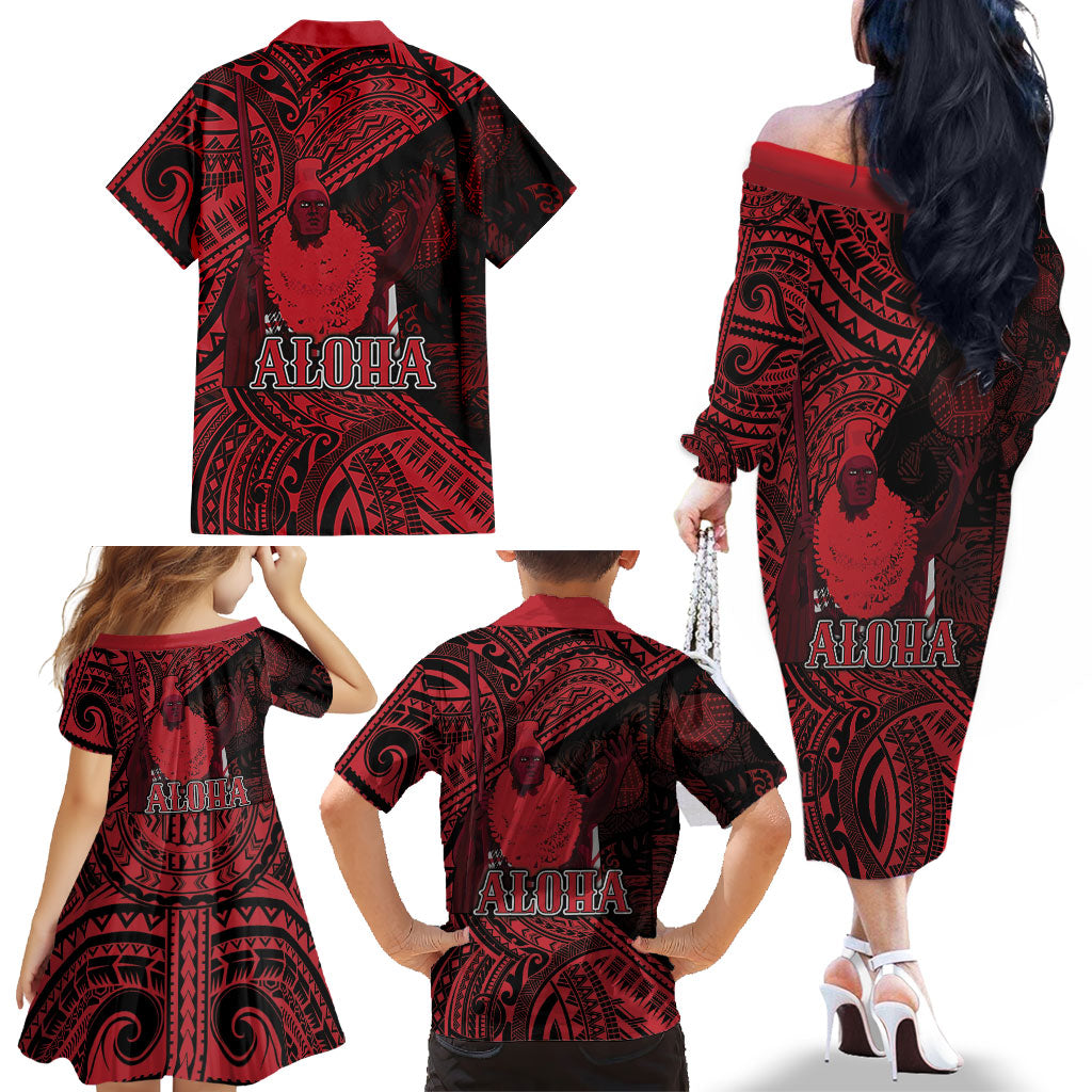 Hawaii King Kamehameha Family Matching Off The Shoulder Long Sleeve Dress and Hawaiian Shirt With Hawaiian Ipu Motifs Red Version