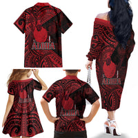 Hawaii King Kamehameha Family Matching Off The Shoulder Long Sleeve Dress and Hawaiian Shirt With Hawaiian Ipu Motifs Red Version
