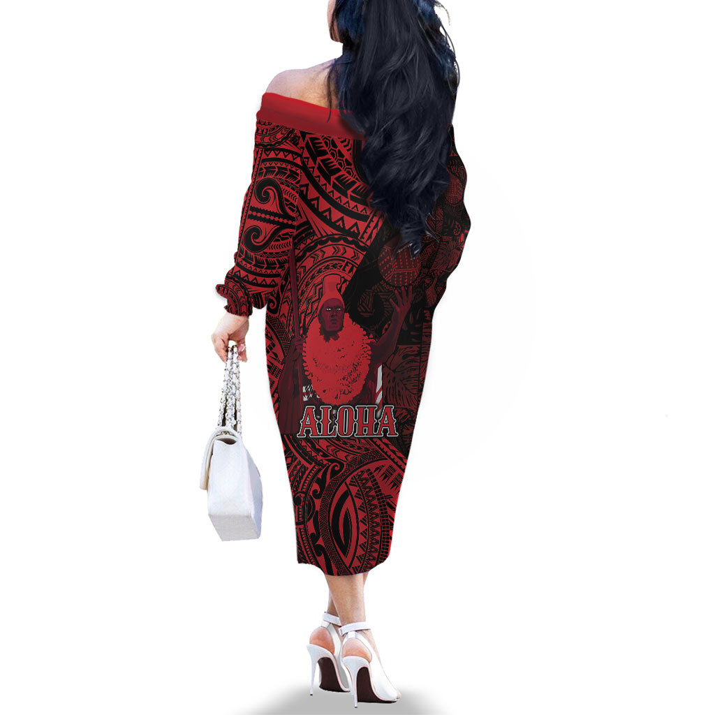 Hawaii King Kamehameha Family Matching Off The Shoulder Long Sleeve Dress and Hawaiian Shirt With Hawaiian Ipu Motifs Red Version