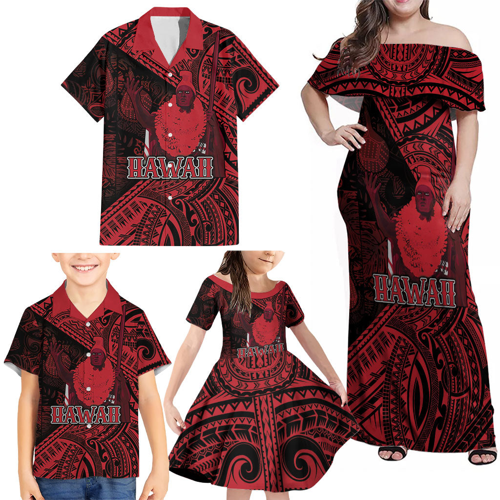 Hawaii King Kamehameha Family Matching Off Shoulder Maxi Dress and Hawaiian Shirt With Hawaiian Ipu Motifs Red Version LT05 - Polynesian Pride