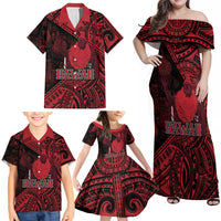 Hawaii King Kamehameha Family Matching Off Shoulder Maxi Dress and Hawaiian Shirt With Hawaiian Ipu Motifs Red Version
