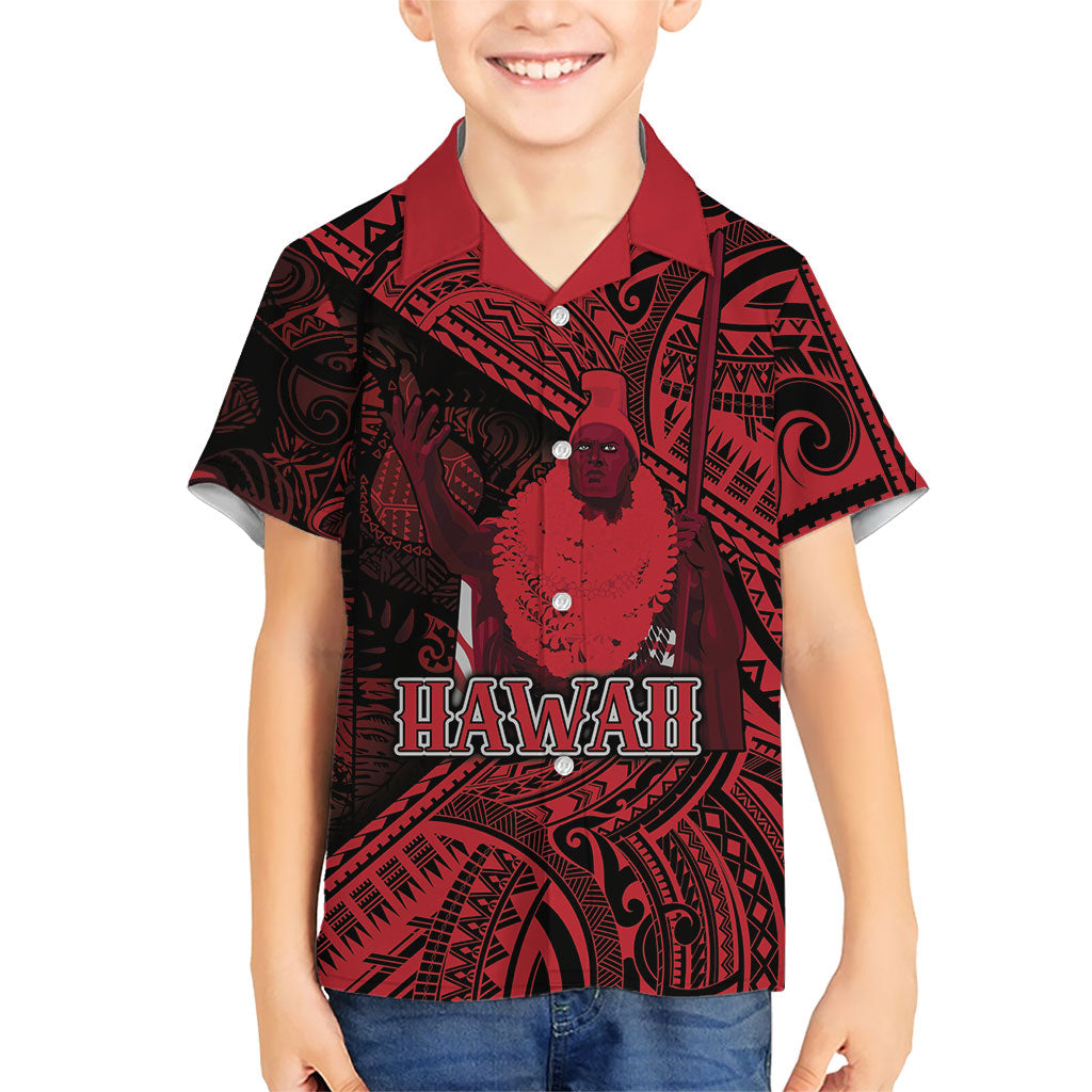 Hawaii King Kamehameha Family Matching Off Shoulder Maxi Dress and Hawaiian Shirt With Hawaiian Ipu Motifs Red Version
