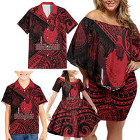 Hawaii King Kamehameha Family Matching Off Shoulder Short Dress and Hawaiian Shirt With Hawaiian Ipu Motifs Red Version