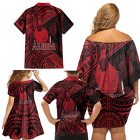 Hawaii King Kamehameha Family Matching Off Shoulder Short Dress and Hawaiian Shirt With Hawaiian Ipu Motifs Red Version