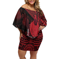 Hawaii King Kamehameha Family Matching Off Shoulder Short Dress and Hawaiian Shirt With Hawaiian Ipu Motifs Red Version