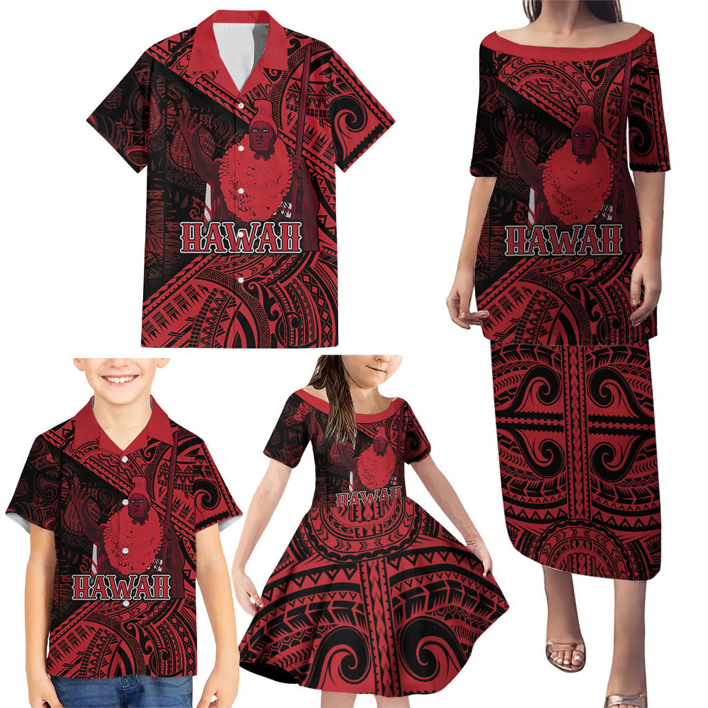 Hawaii King Kamehameha Family Matching Puletasi and Hawaiian Shirt With Hawaiian Ipu Motifs Red Version