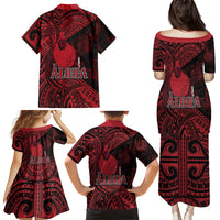 Hawaii King Kamehameha Family Matching Puletasi and Hawaiian Shirt With Hawaiian Ipu Motifs Red Version