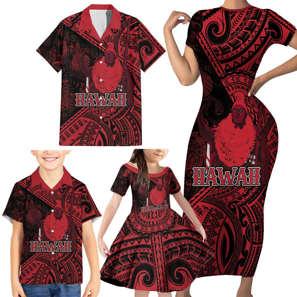 Hawaii King Kamehameha Family Matching Short Sleeve Bodycon Dress and Hawaiian Shirt With Hawaiian Ipu Motifs Red Version LT05 - Polynesian Pride